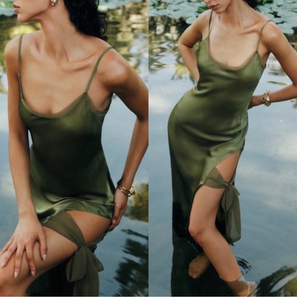 Reformation Malorie Silk Leaf Green Thigh Tie Maxi Dress Size 12 - Picture 2 of 12
